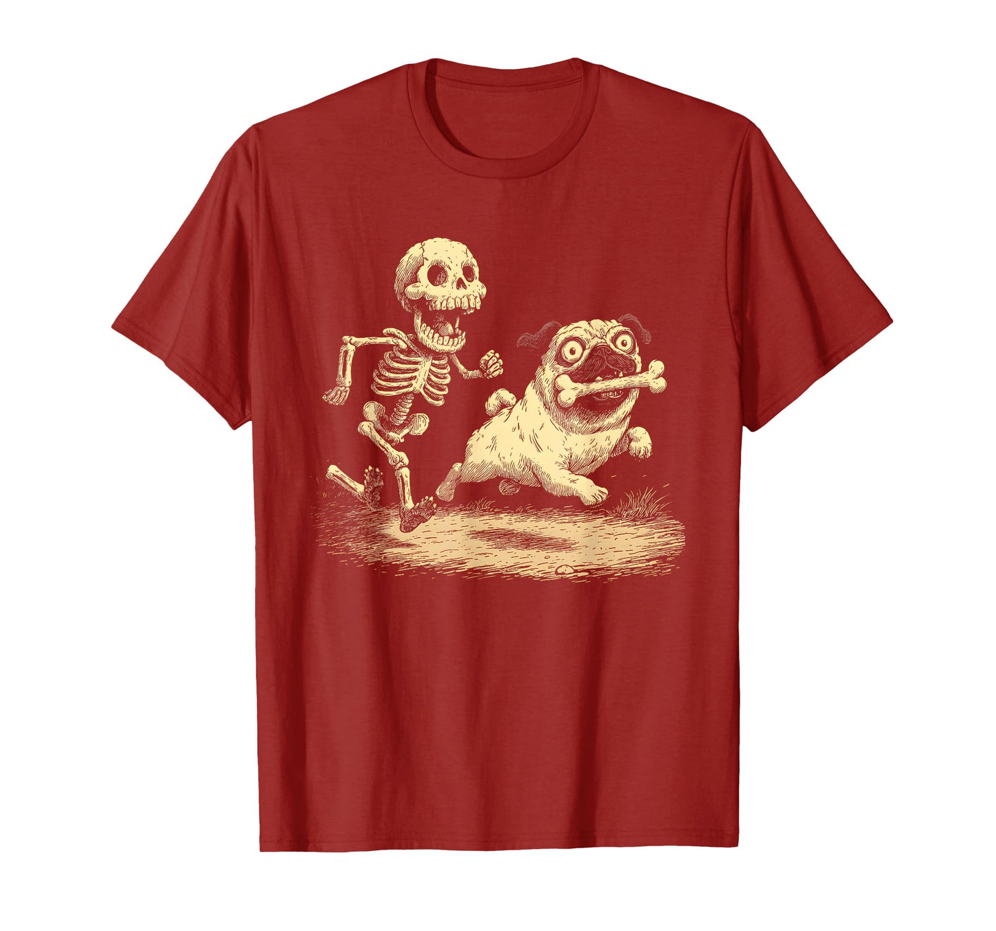 Funny Skeleton Chasing Pug Halloween T-Shirt