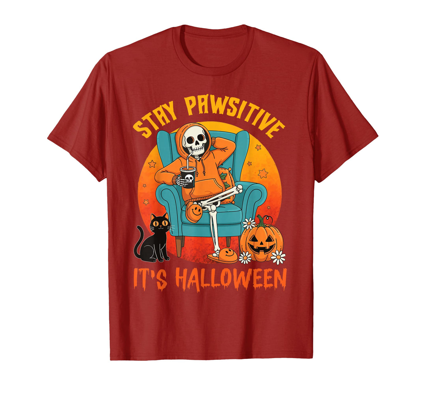 Stay Pawsitive, it’s Halloween Black Cat Paw Spooky Skeleton T-Shirt