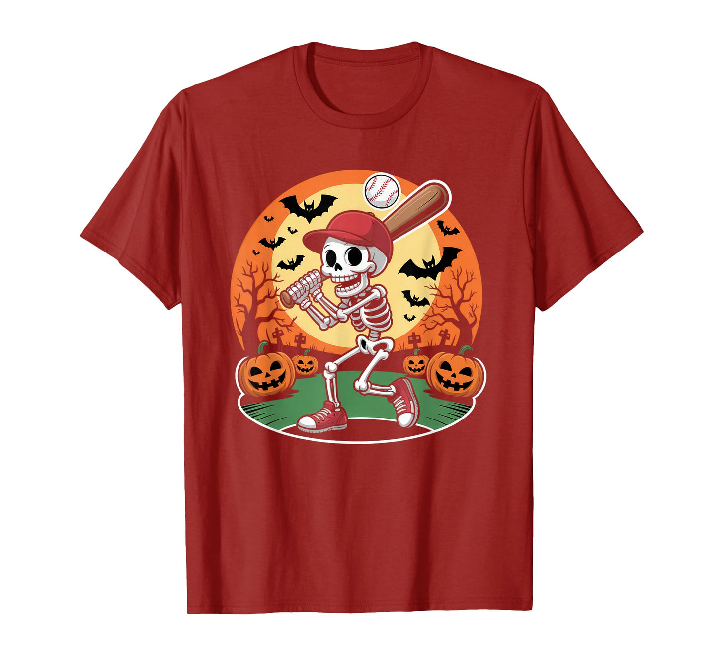 Baseball Skeleton Halloween Men Boys Baseball Spooky Season T-Shirt