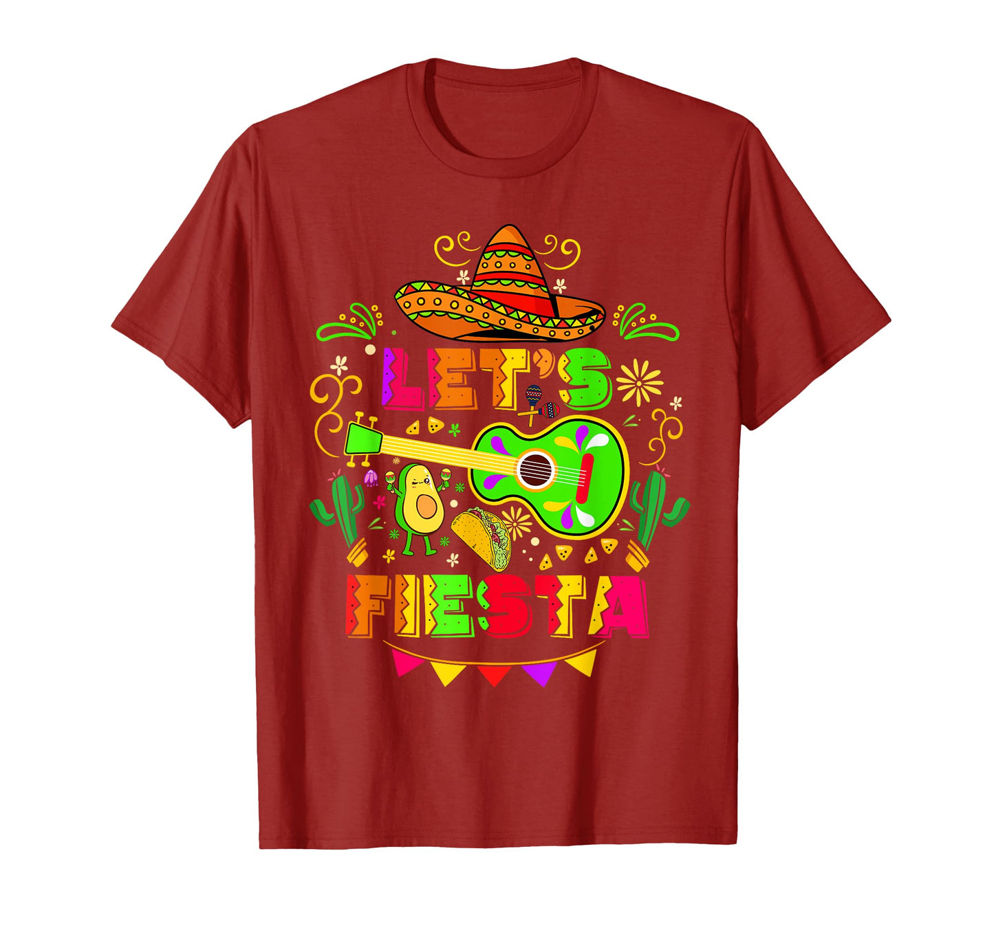 Lets Fiesta Taco Guitar Avocado Sombrero Cinco De Mayo T-Shirt