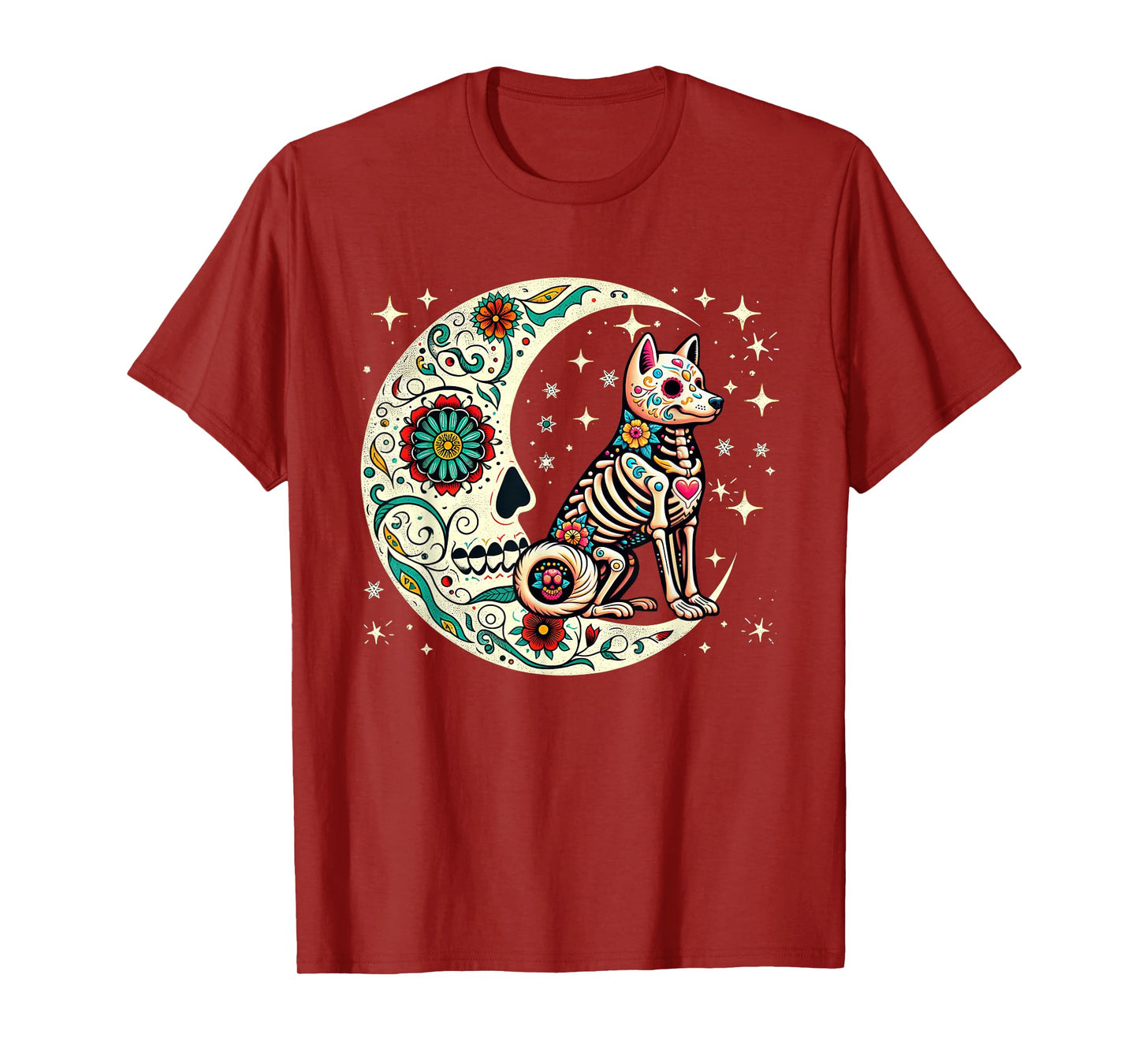 Dia De Los Muertos Halloween Moon Floral Skeleton Shiba Inu T-Shirt