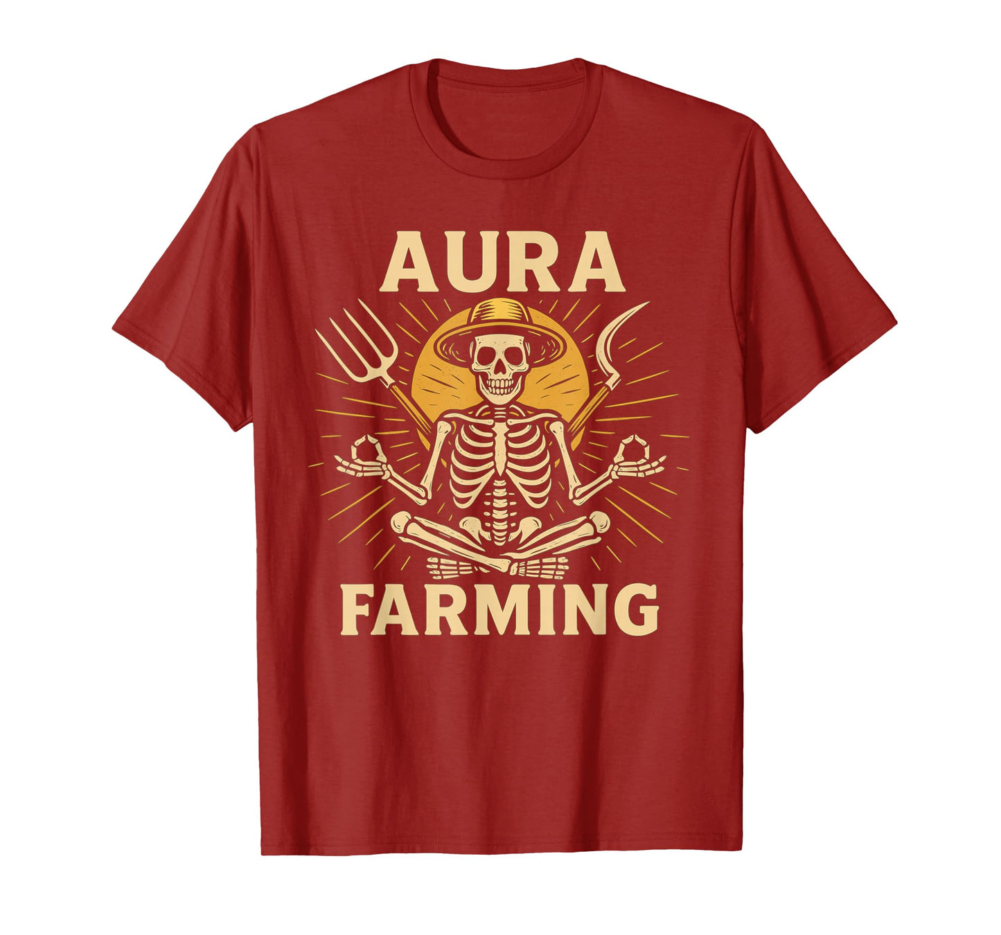 Aura Farming Skeleton – Zen Farmer Meditating with Pitchfork T-Shirt
