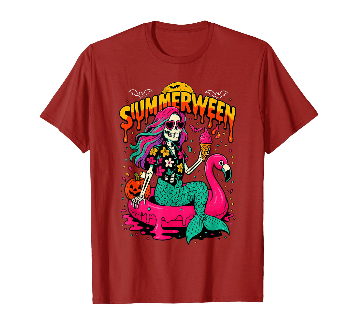 Halloween Tropical Summerween Mermaid Skeleton T-Shirt