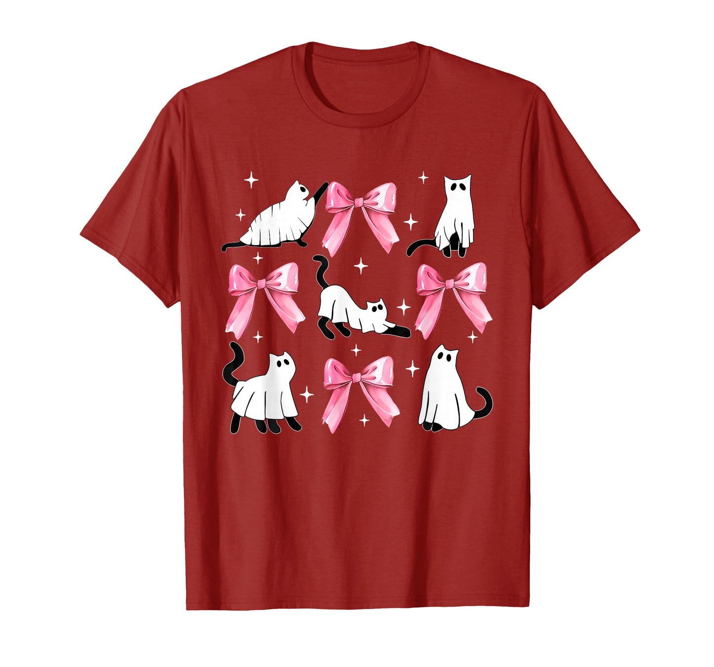 Halloween Ghost Cat Boo Costume Cute Pink Bow Coquette Kitty T-Shirt