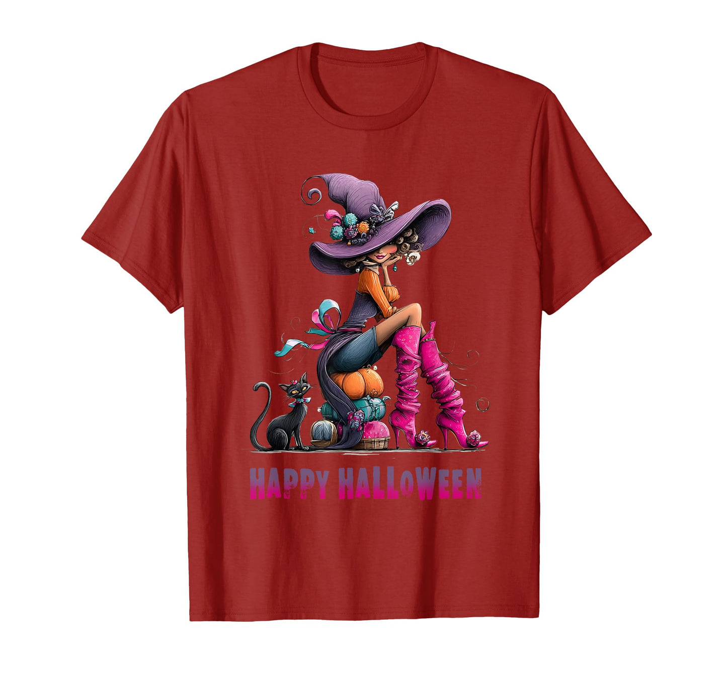Spooky Witch High Heels with Black Cat Halloween Pumpkin T-Shirt