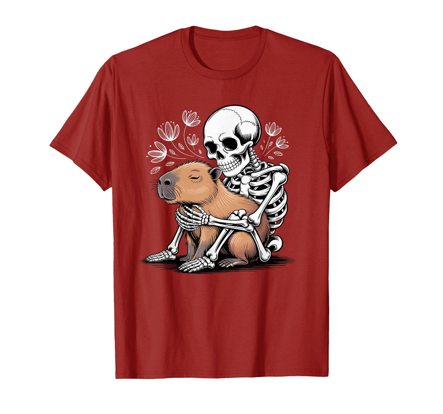 Skeleton Hugging Capybara Cute Spooky Halloween T-Shirt