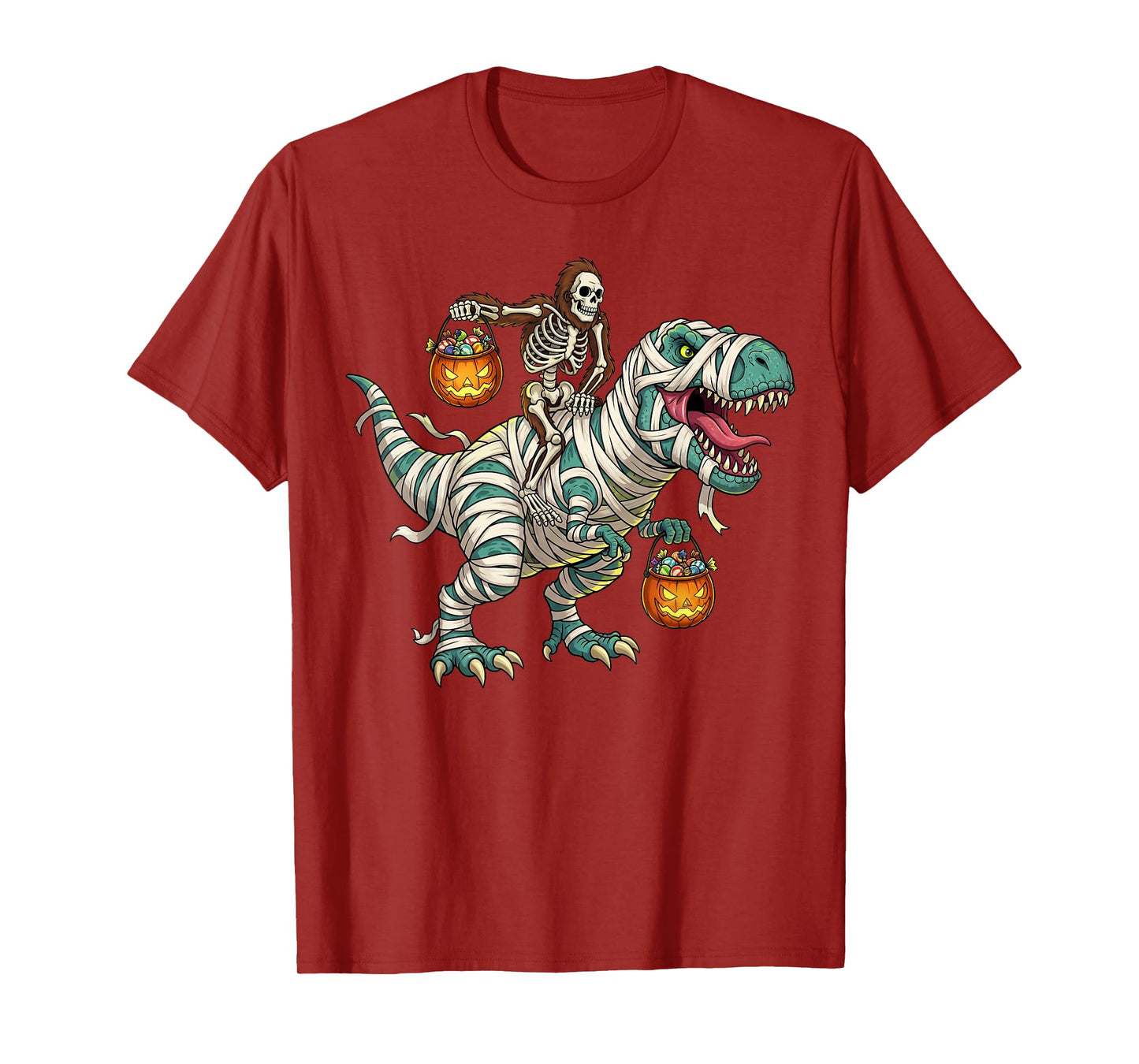 Skeleton Bigfoot Riding Mummy Dinosaur T-Rex Funny Halloween T-Shirt