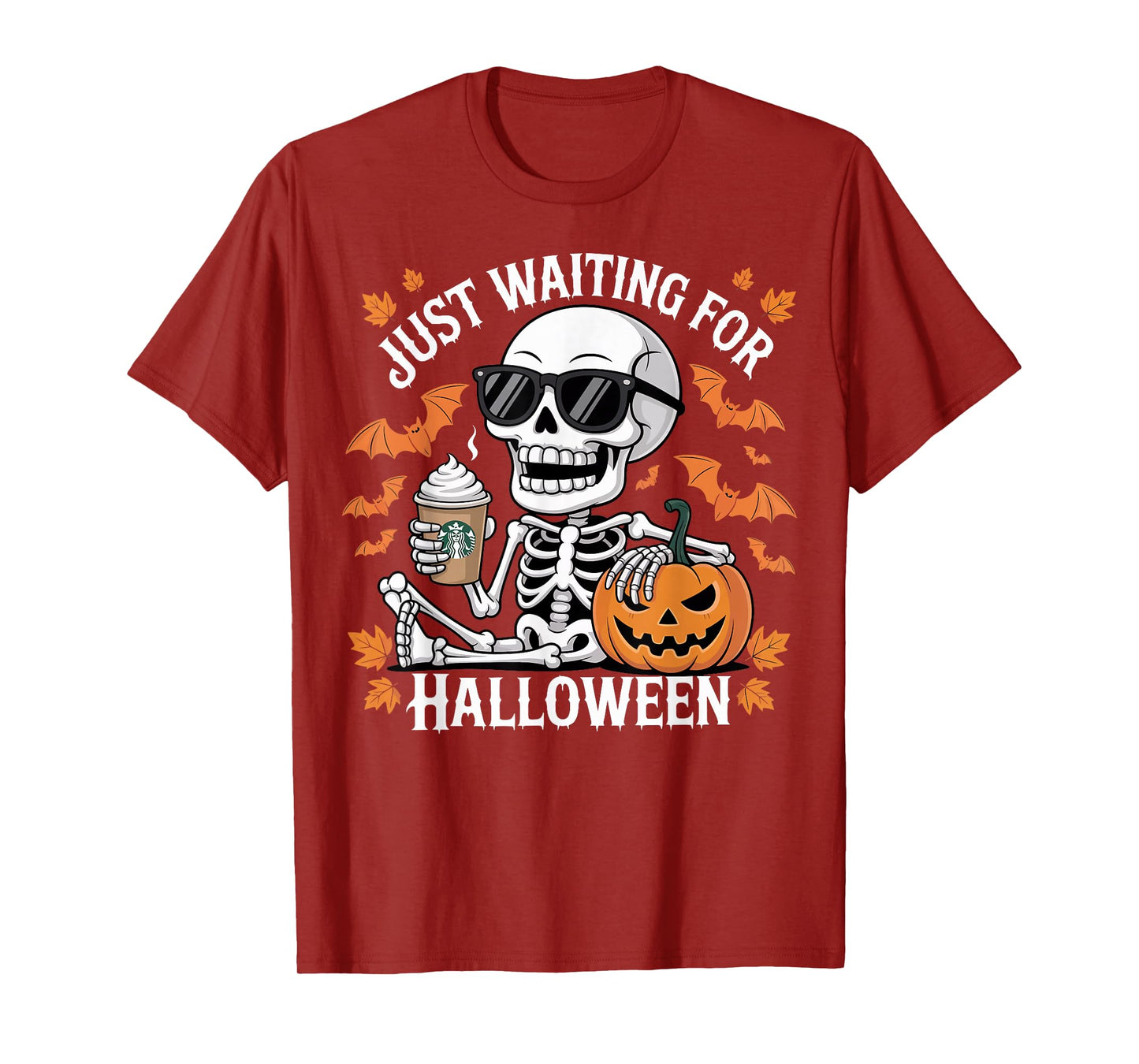 Just Waiting for Halloween Skeleton Coffee Pumpkin T-Shirt