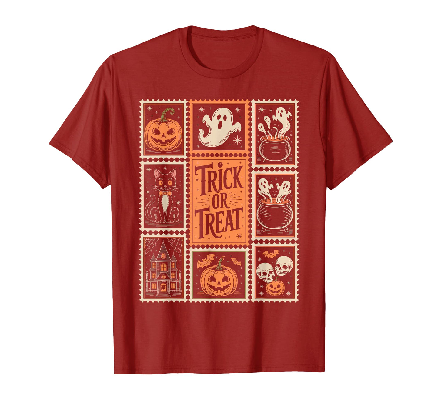Halloween Stamps Spooky Pumpkin Ghost Cat Witch Skeleton T-Shirt