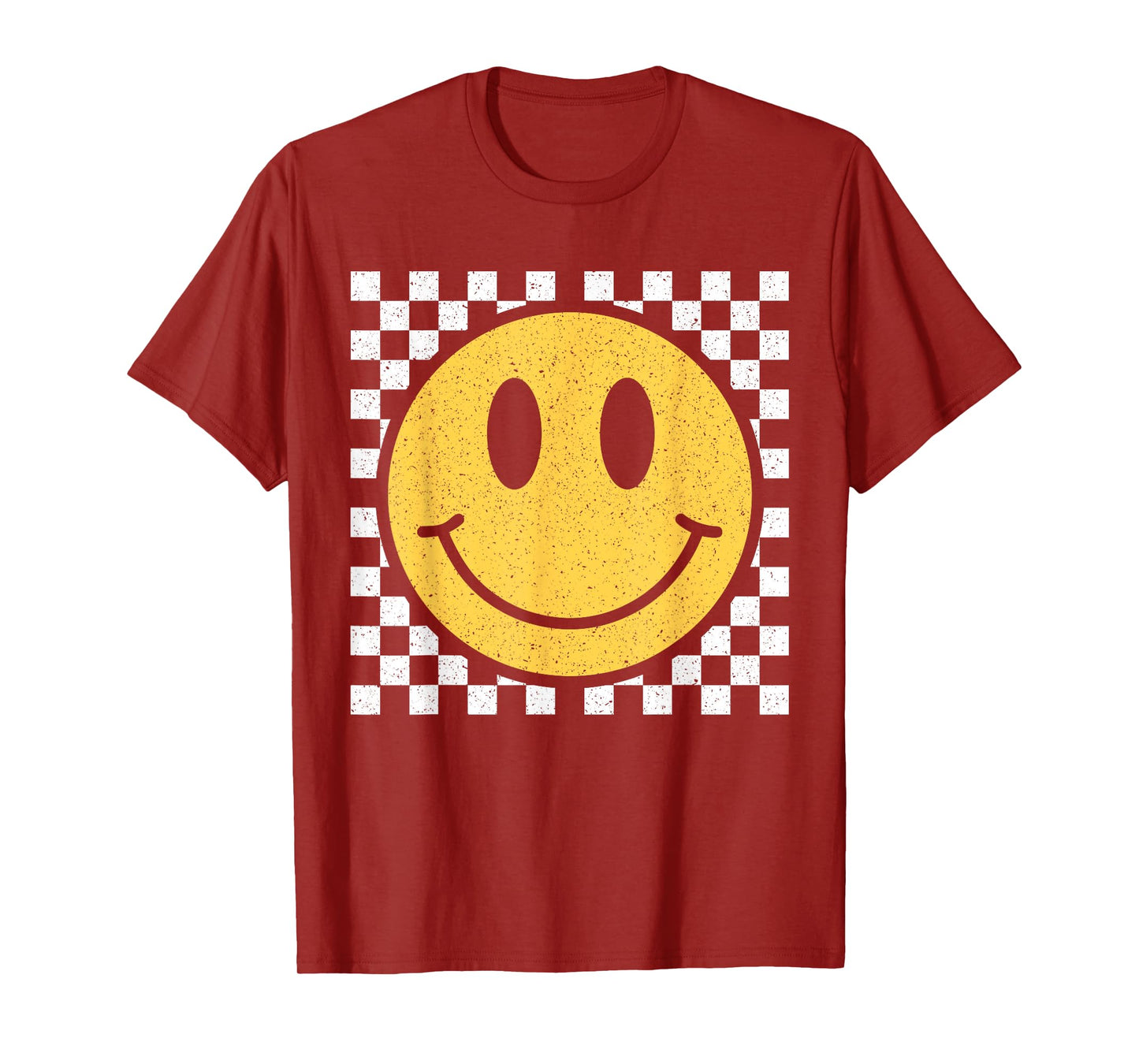 Retro Yellow Happy Face Checkered Pattern Smile Face Trendy T-Shirt