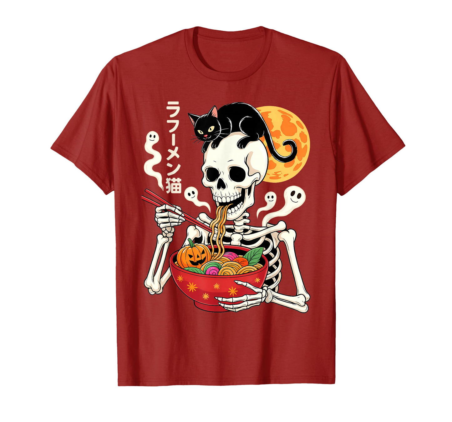 Spooky Skeleton Eating Ramen Bowl with Cat Halloween Art T-Shirt