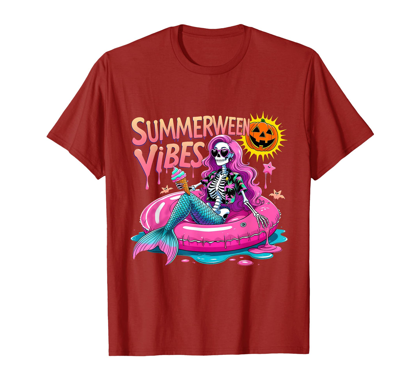 Spooky Summerween Skeleton Pool Float Design T-Shirt