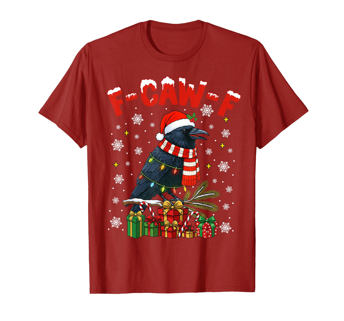 Black Crow F-Caw-F Funny Retro Christmas Lights Santa Hat T-Shirt