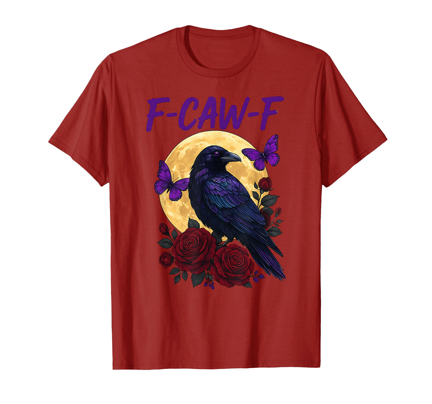 F-Caw-F Black Crow Full Moon Gothic Roses Butterflies Art T-Shirt