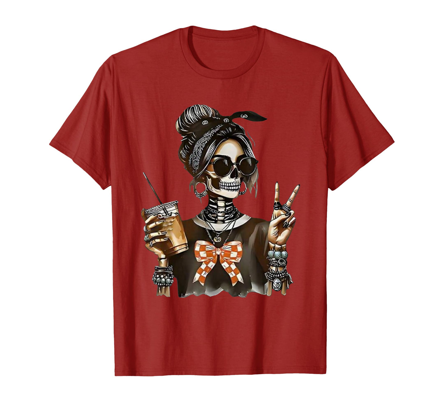 Skeleton Girl Drinking Coffee Peace Sign Graphic for Wome T-Shirt