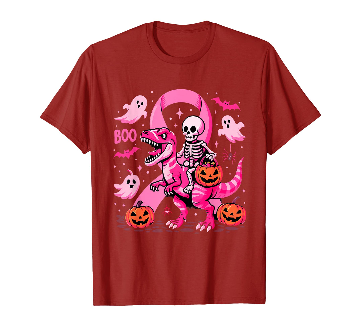 Skeleton Riding T Rex Dinosaur Boo Ghost Pink Breast Cancer T-Shirt