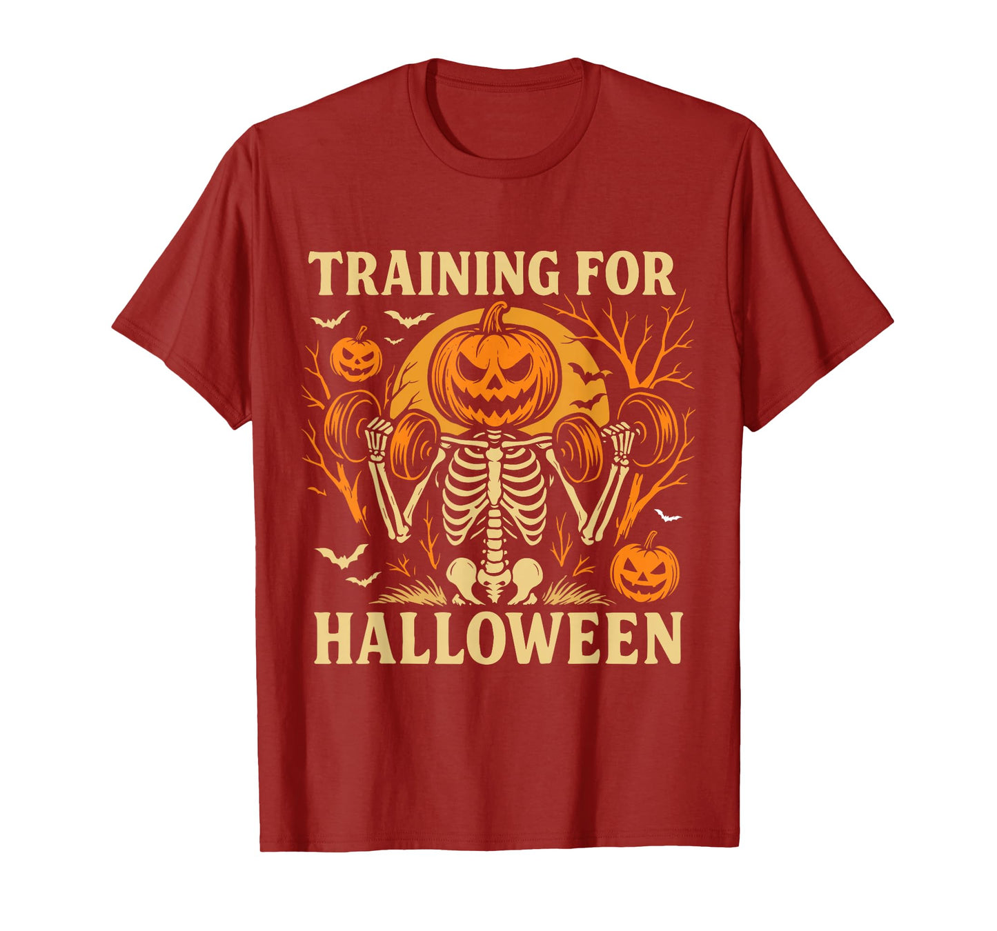 Funny Skeleton Pumpkin Halloween Gym Workout Weight Lifting T-Shirt