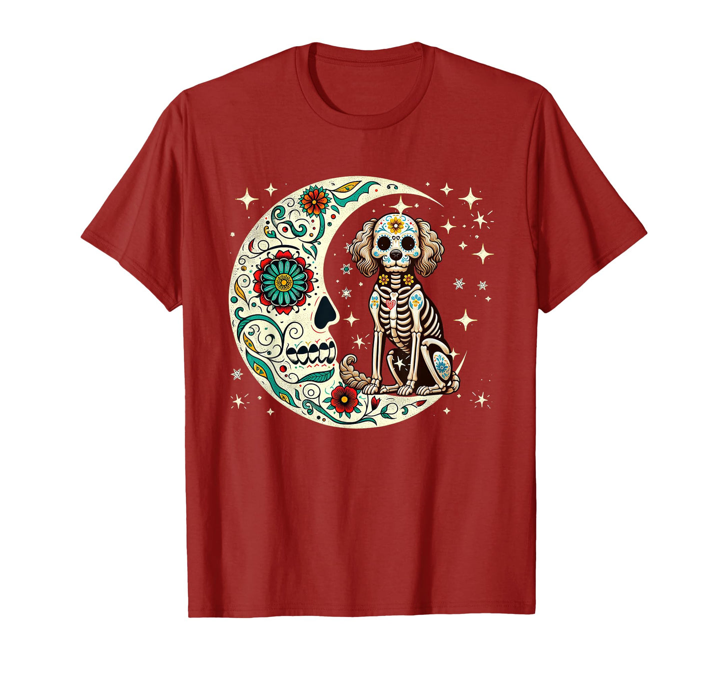 Dia De Los Muertos Halloween Moon Floral Skeleton Sproodle T-Shirt