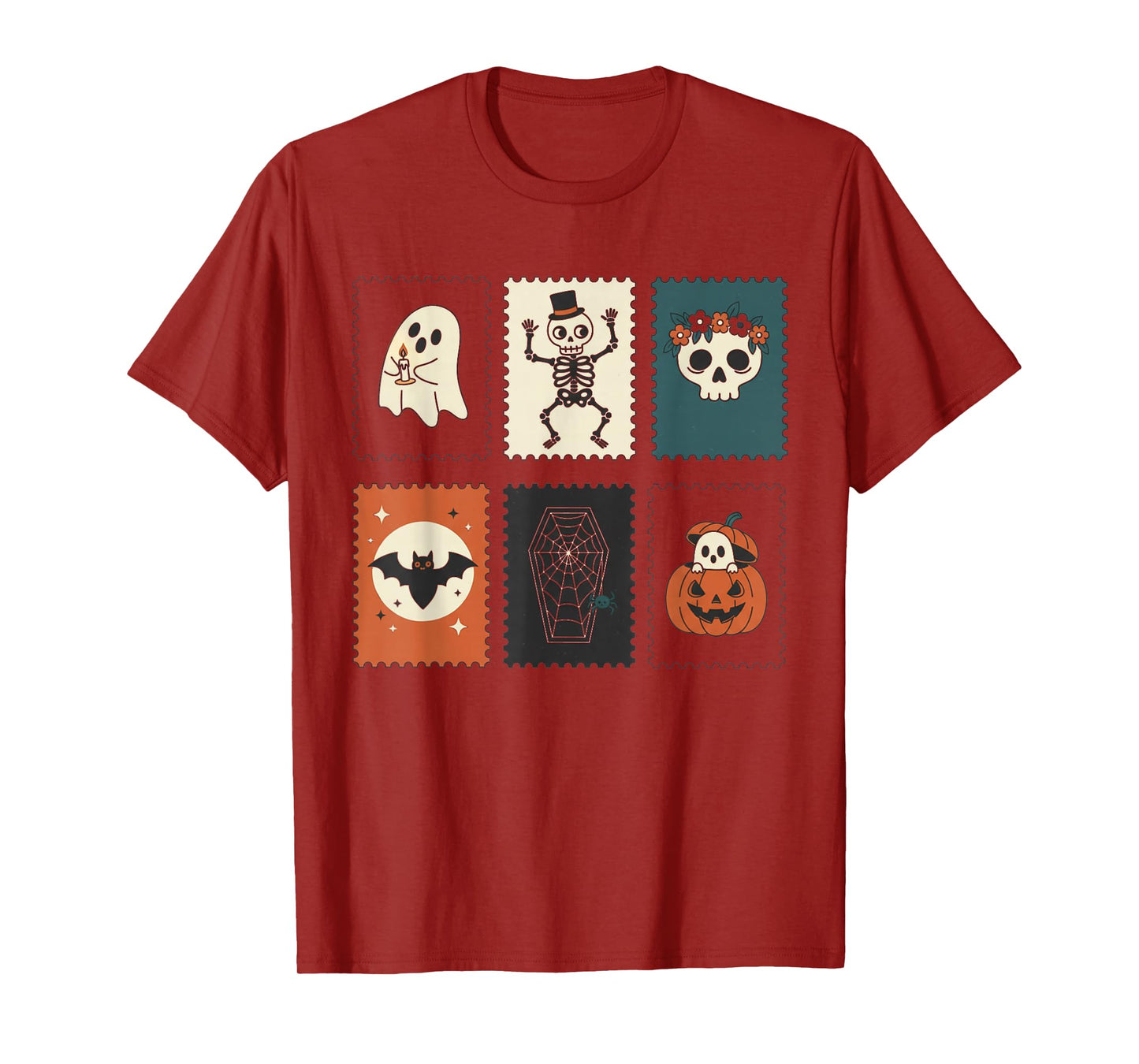 Retro Halloween Stamps Black Cat Pumpkin Ghost Owl Skeleton T-Shirt