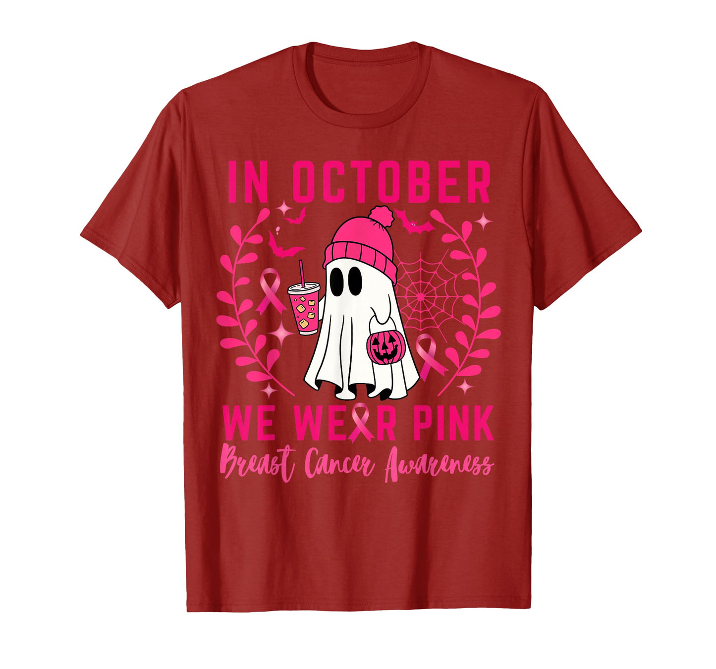 Breast Cancer Cute Ghost Halloween in October We Wear Pink T-Shirt