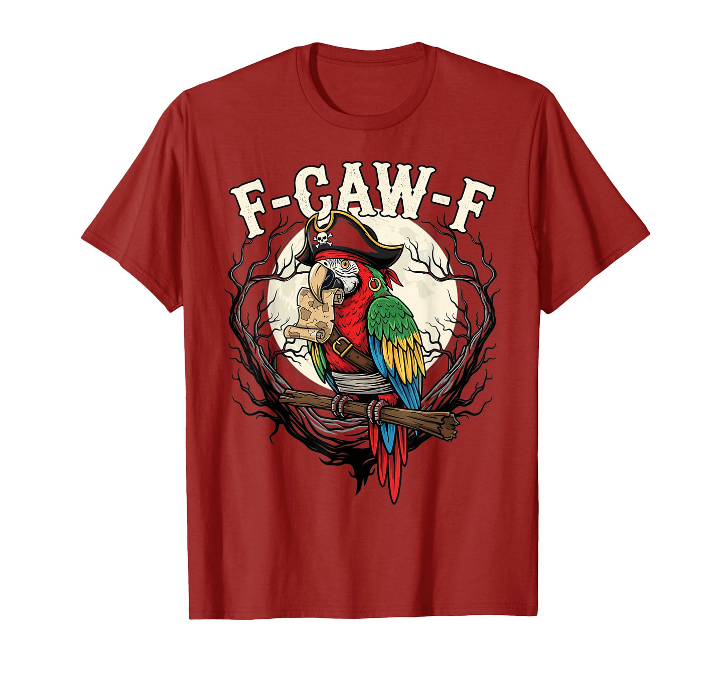 Pirate Parrot F Caw F Funny Skull Map Halloween Moon T-Shirt