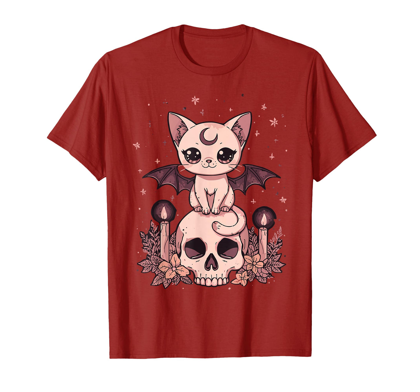 Cute Pink Bat Cat Sitting On Skull Skeleton Candles Design T-Shirt