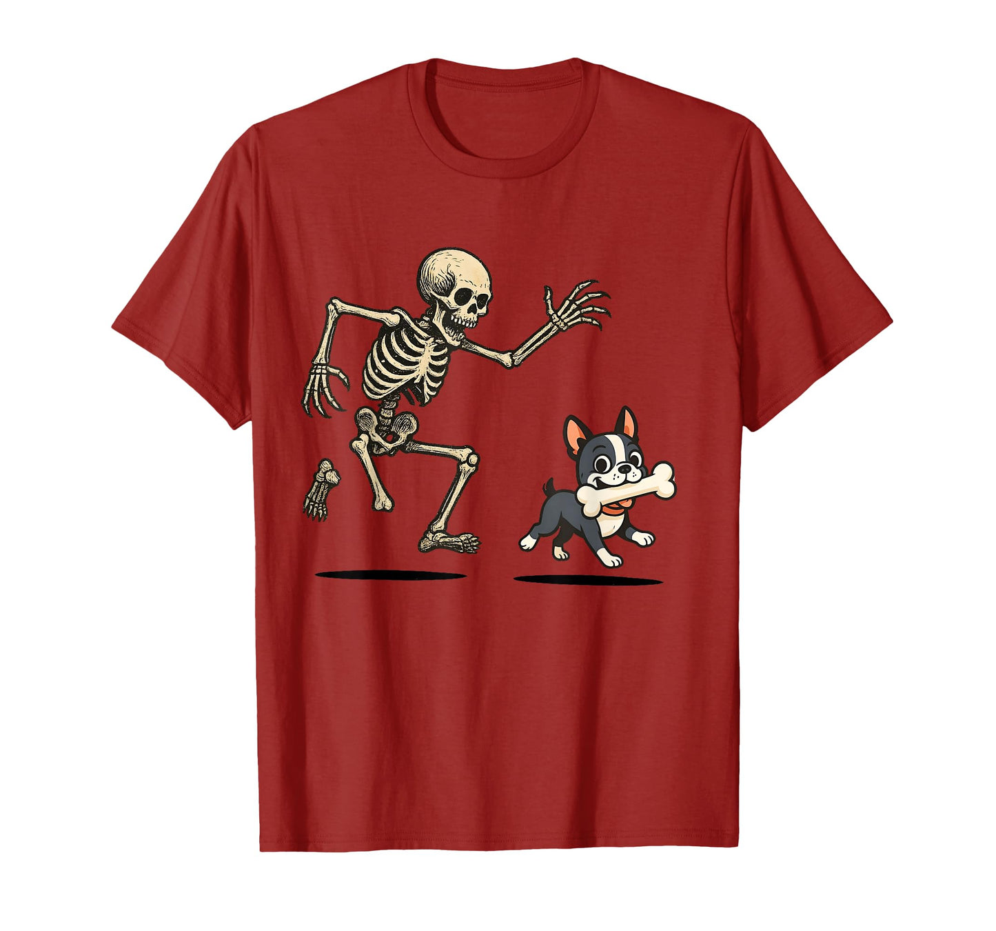 Skeleton Chasing Dog Boston Terrier Halloween Mom Pet Lover T-Shirt