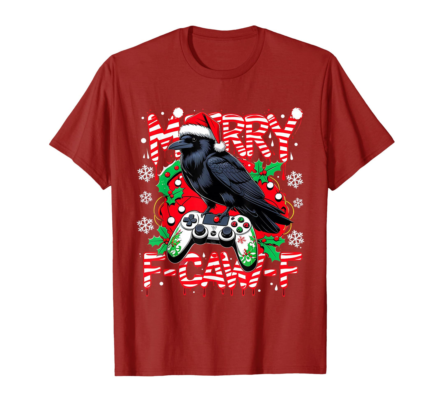 Merry F-Caw-F Gamer Crow Funny Christmas Holiday Tee T-Shirt