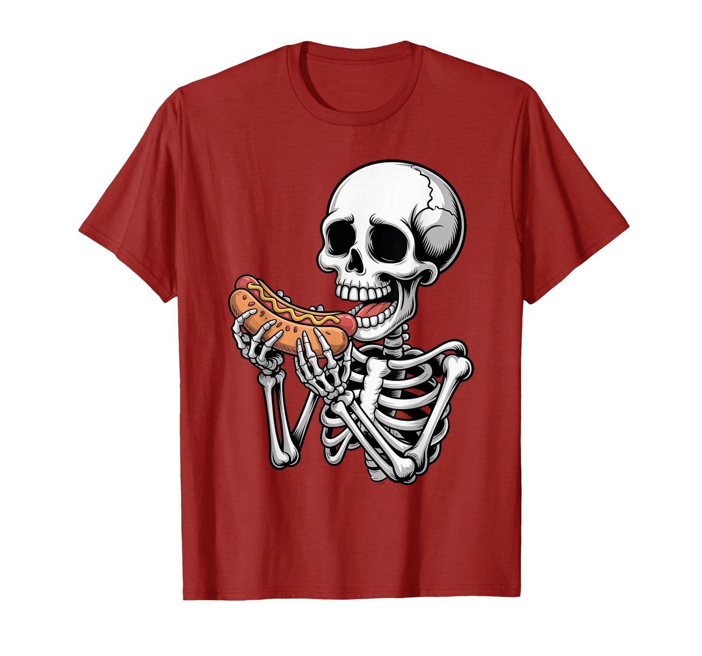Skeleton Eating Hot Dog Halloween Spooky Season Mens Womens T-Shirt