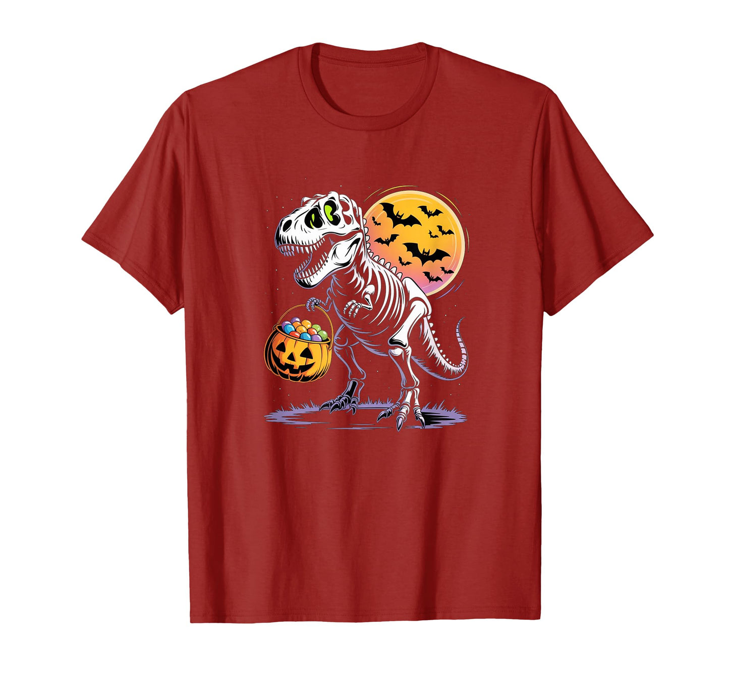 T-Rex Skeleton Haloween Night Pumpkin Bucket Bats Moon Fun T-Shirt