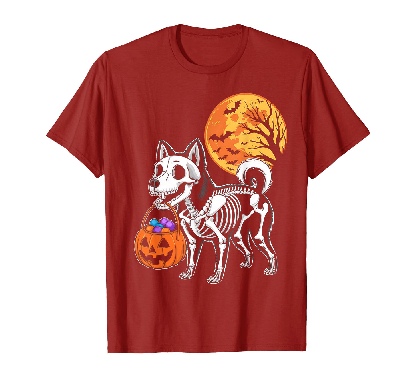 Akitas Dog Skeleton Scary Pumpkin Moon Halloween T-Shirt