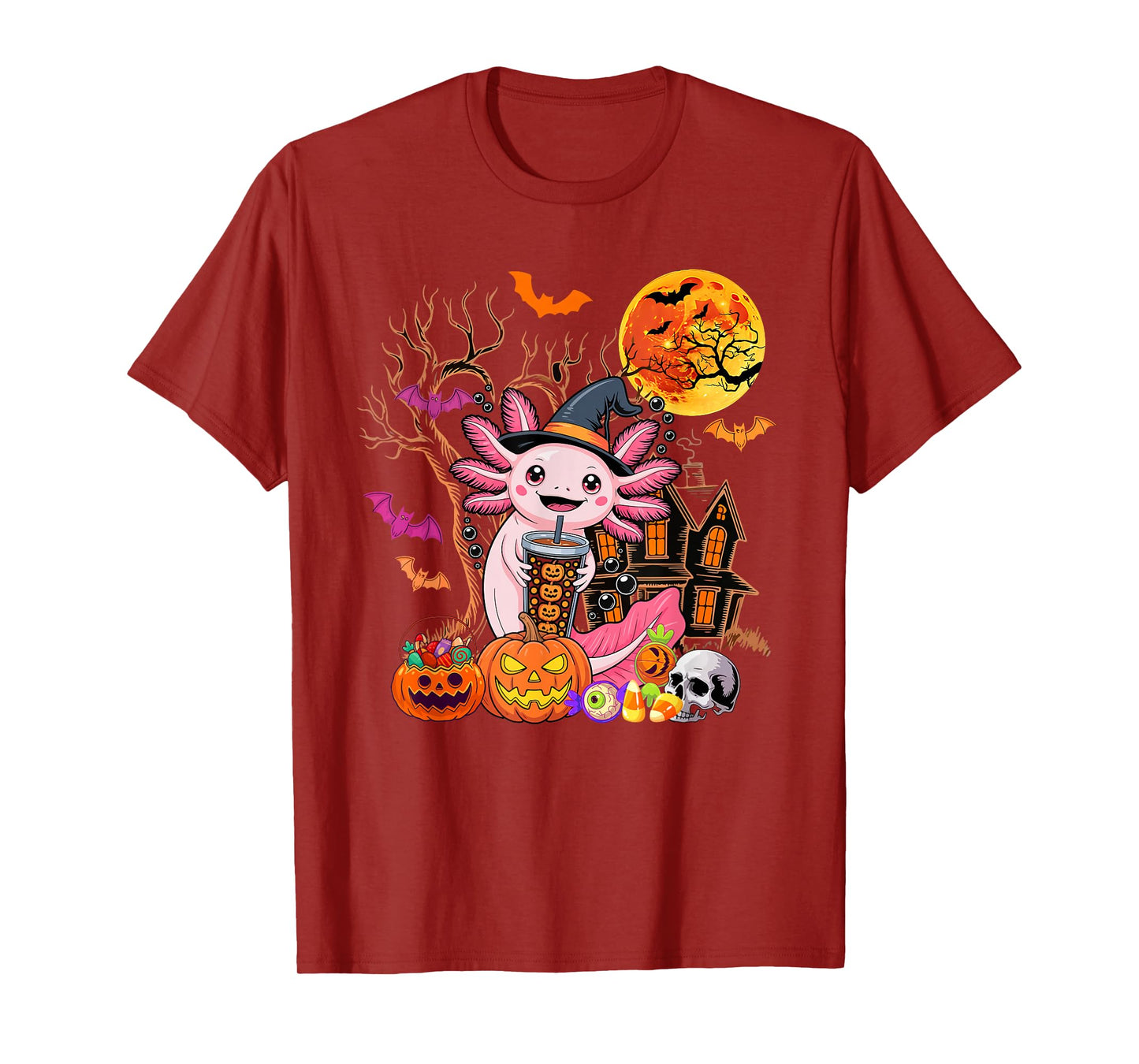 Axolotl As Witch Drinking Coffee Halloween Carved Pumpkin T-Shirt