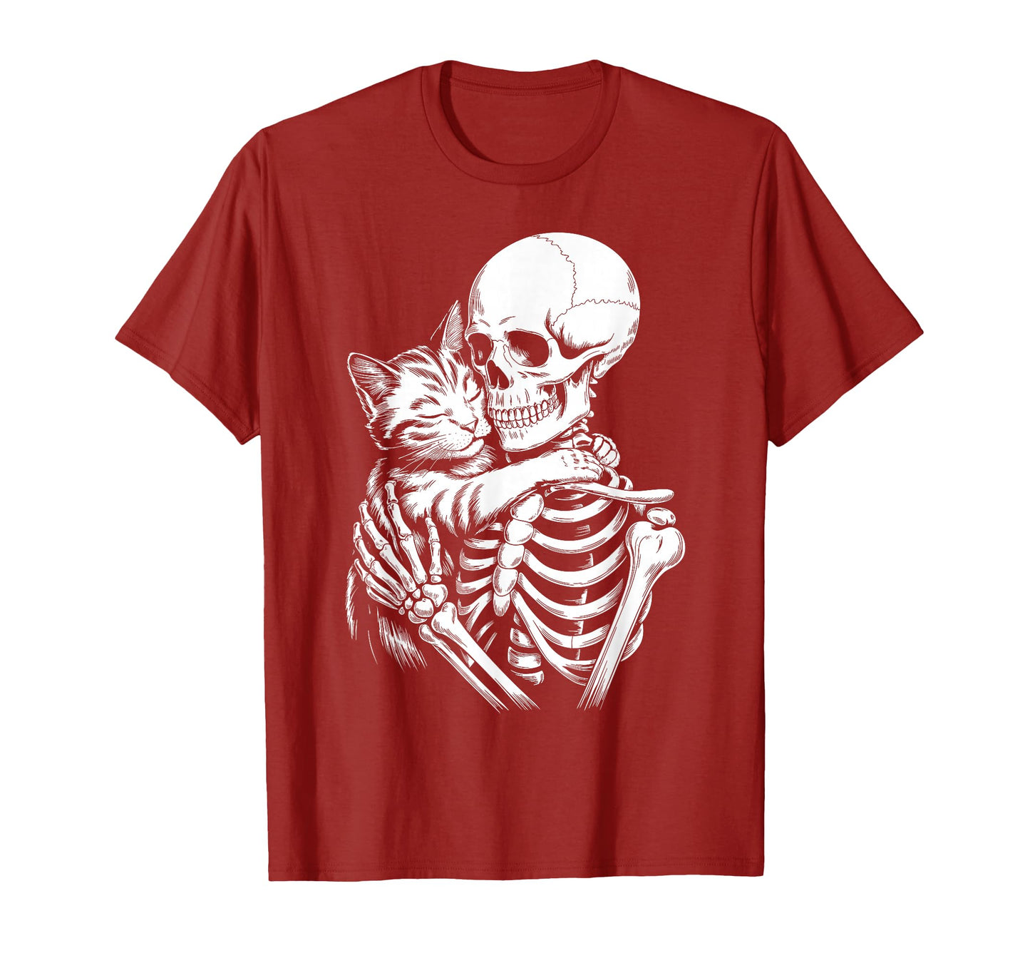 Skeleton Hugging Cat Lover Spooky Season Halloween T-Shirt