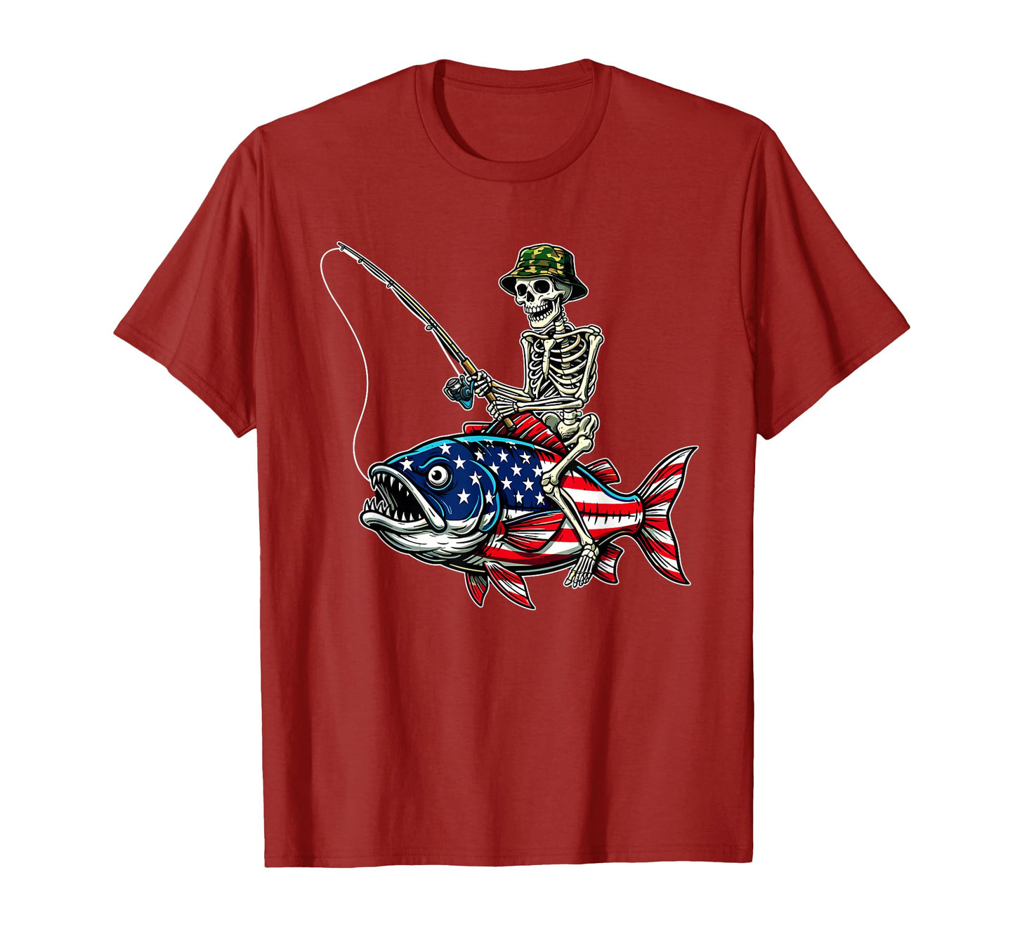 Fishing American Flag Skull Skeleton Patriotic Bass T-Shirt