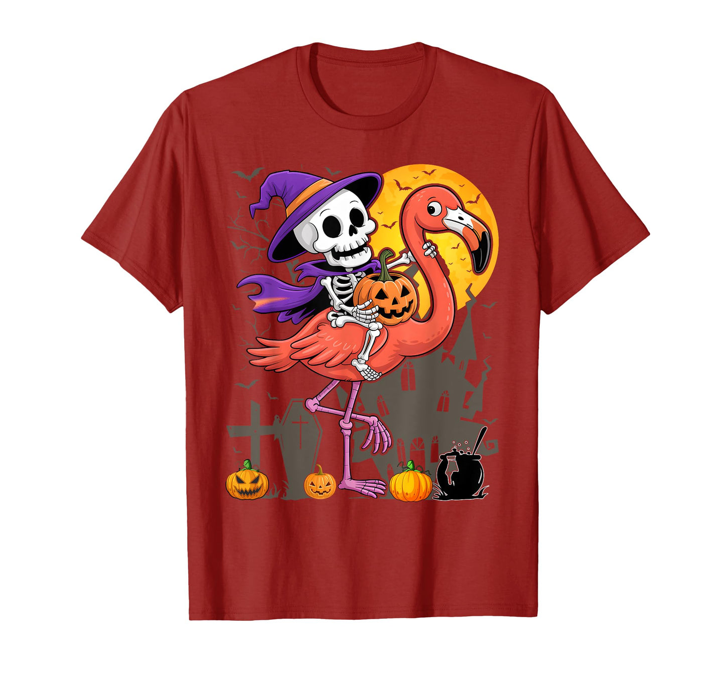 Skeleton Riding Flamingo Funny Halloween T-Shirt