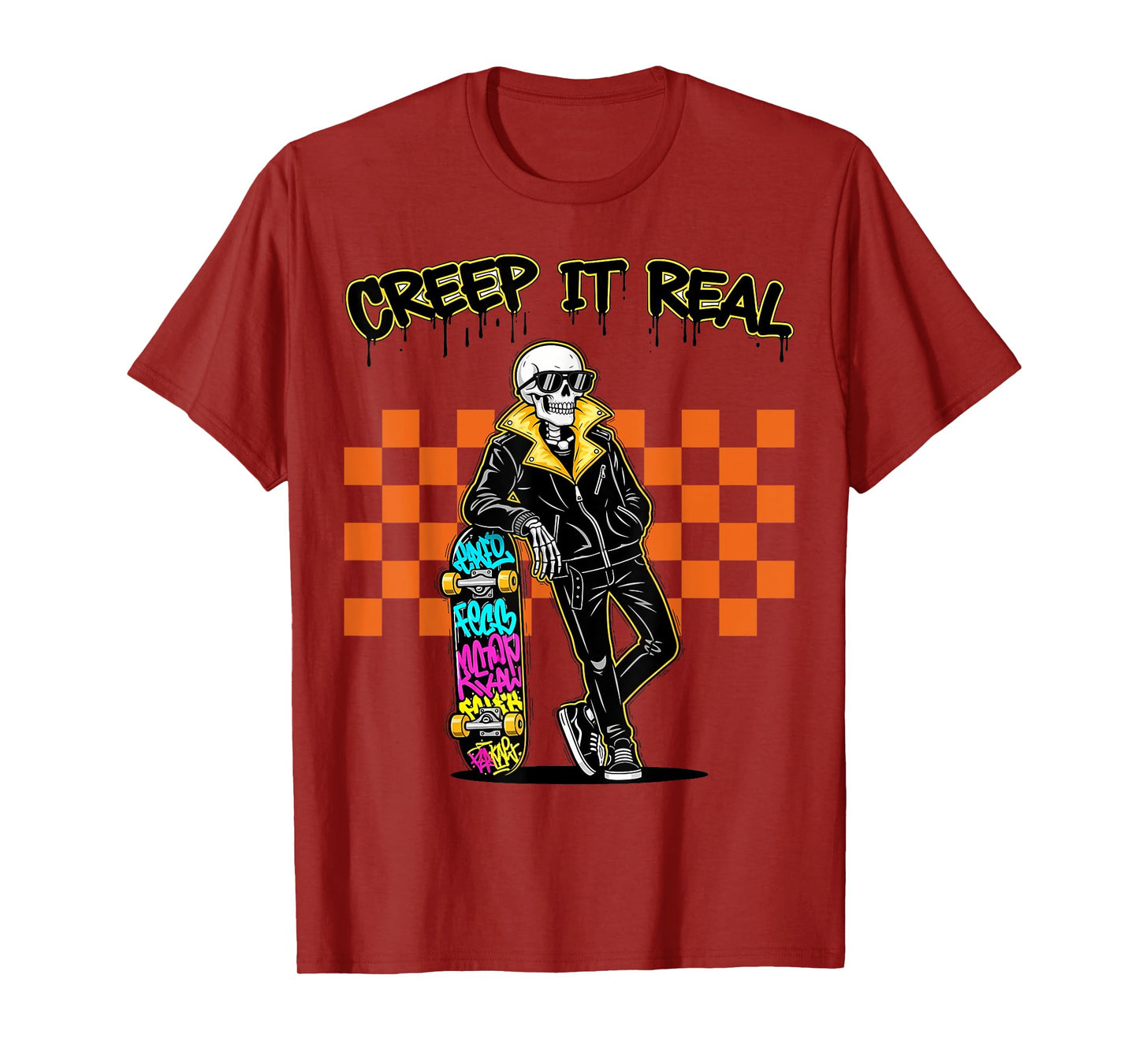 Creep It Real Spooky Ghost Skeleton Skateboarder Halloween T-Shirt