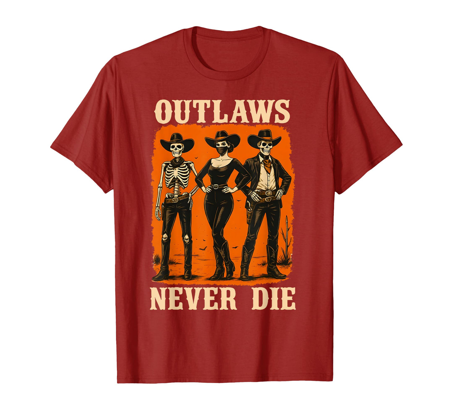 Outlaws Never Die Gothic Western Skeleton Halloween Cowboy T-Shirt