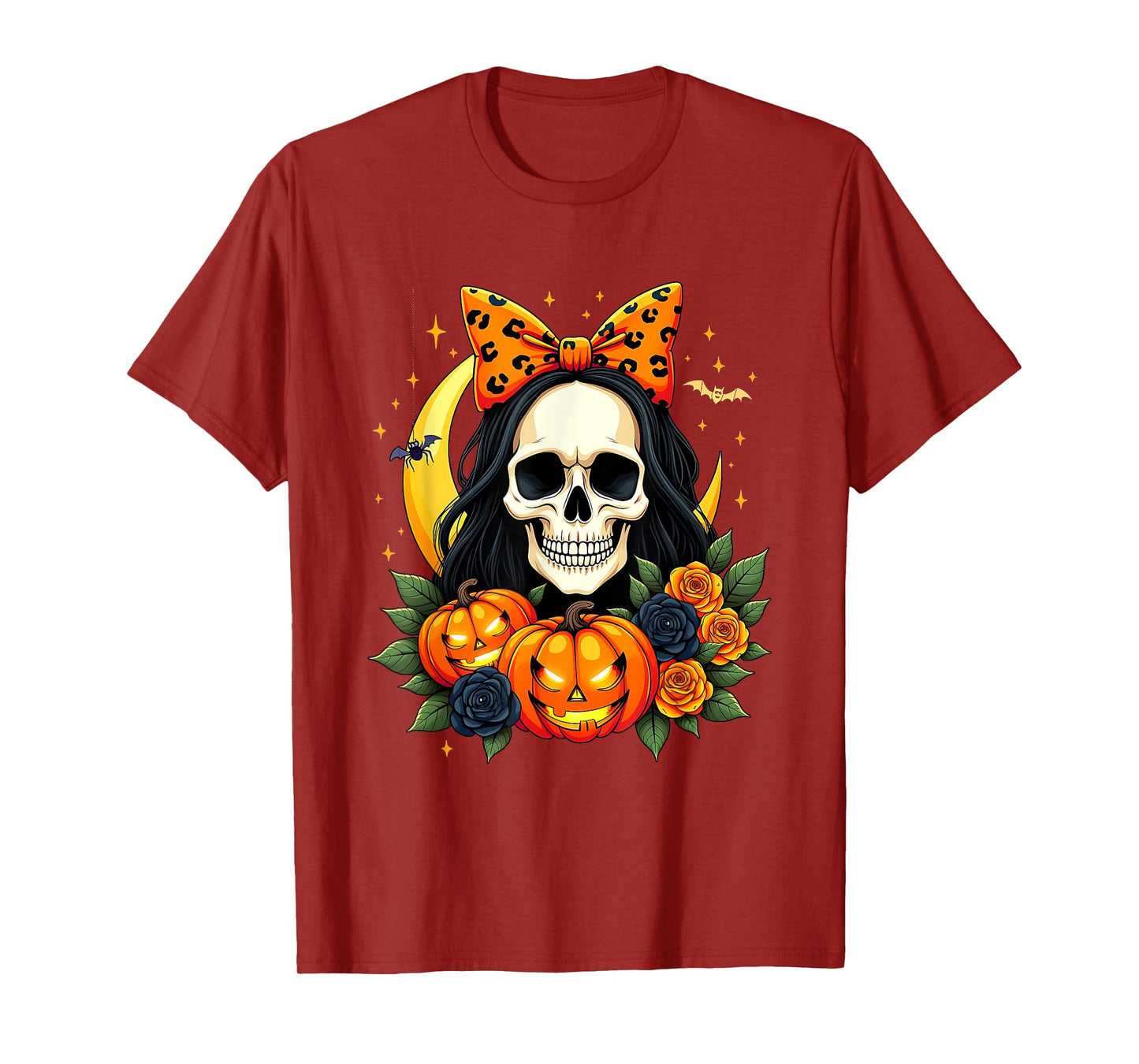 Skeleton Women Messy Bun Fall Autumn Skull Bow Halloween T-Shirt