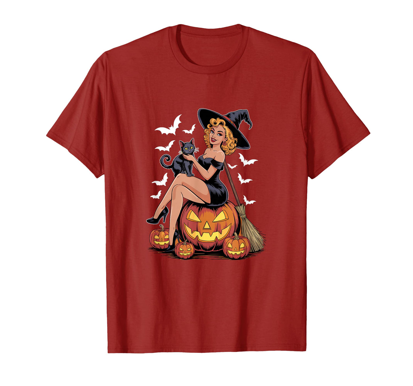 Witch On Horror Carved Pumpkins with Cat Halloween Women T-Shirt