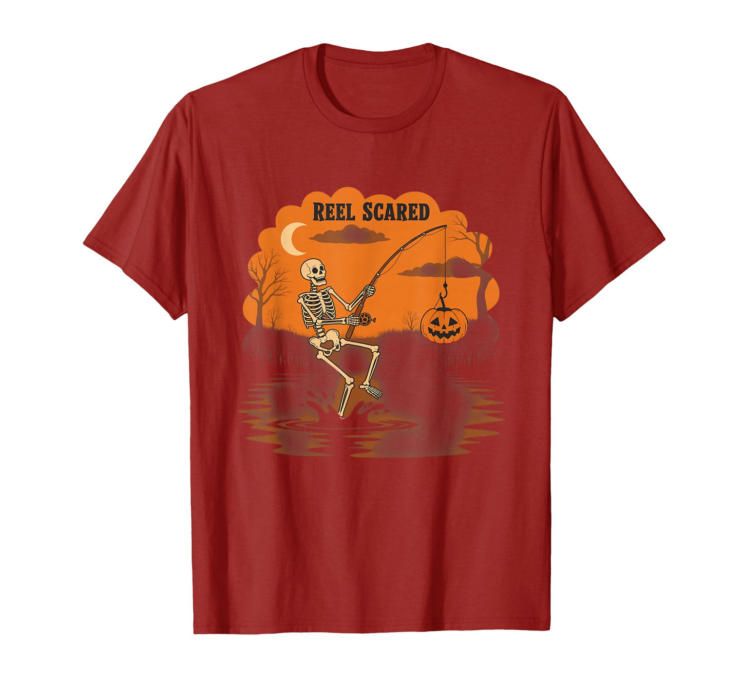 Reel Scared Skeleton Fishing Halloween Pumpkin Night T-Shirt