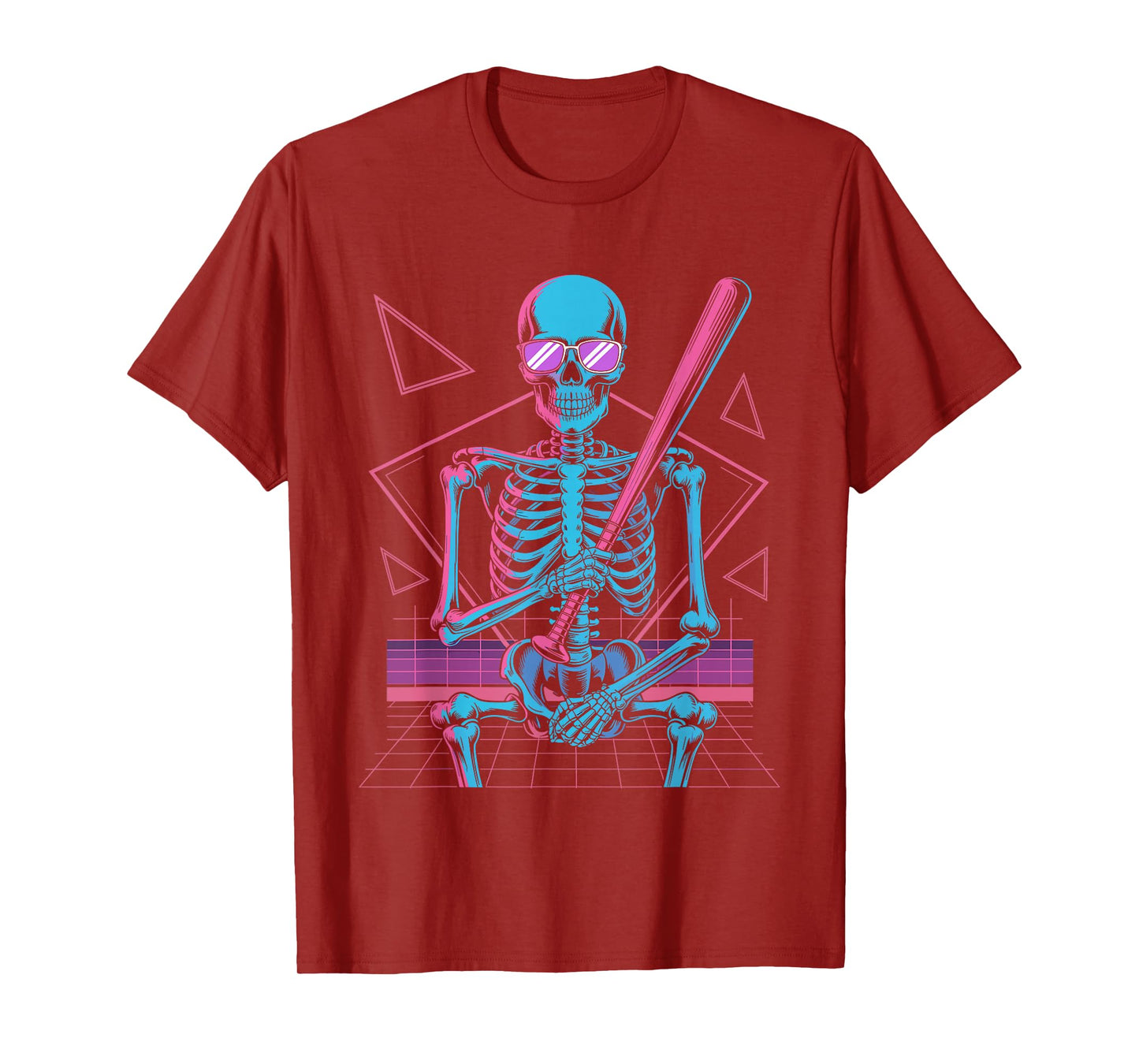 Retro 80s Skeleton Baseball Graphic Vaporwave Halloween T-Shirt