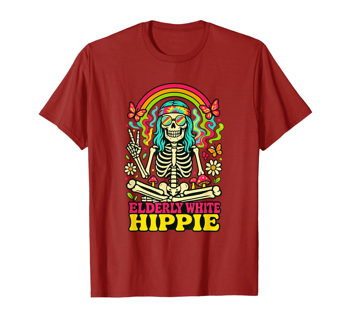 Elderly White Hippie Skeleton Rainbow Peace Sign Retro T-Shirt