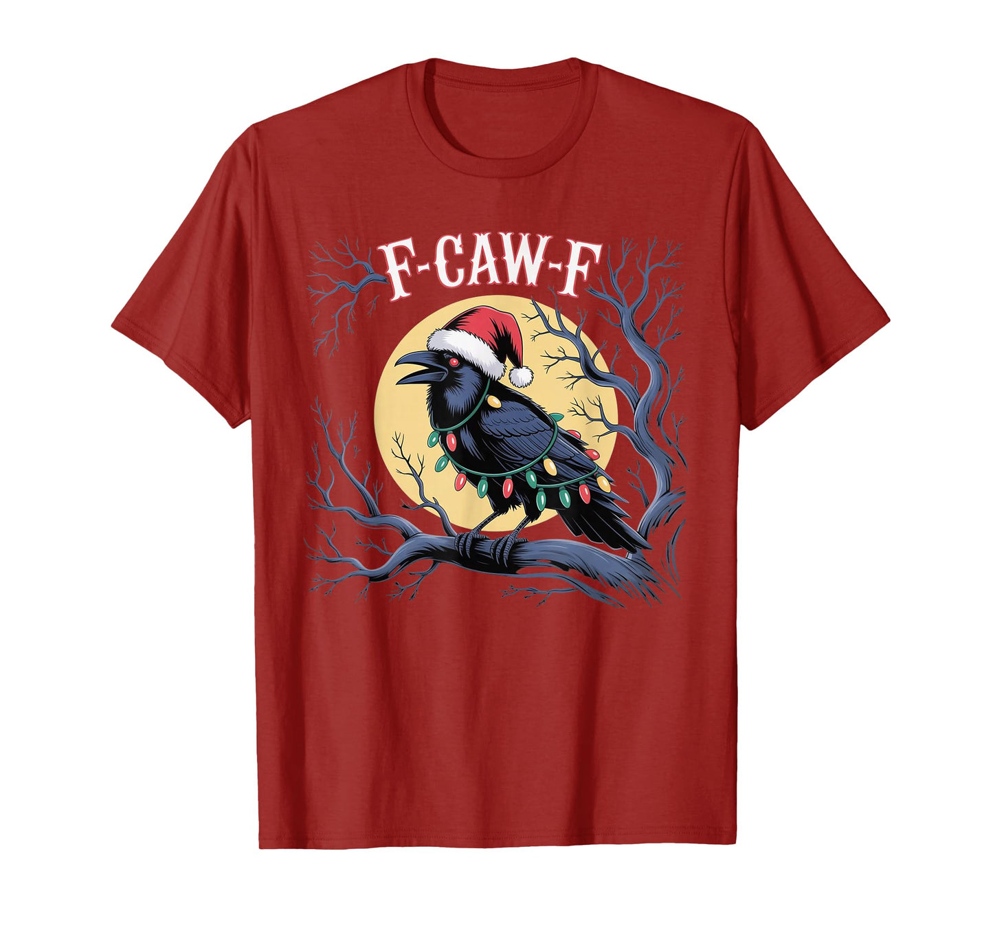 Black Crow F-Caw-F Funny Retro Christmas Lights Santa hat T-Shirt