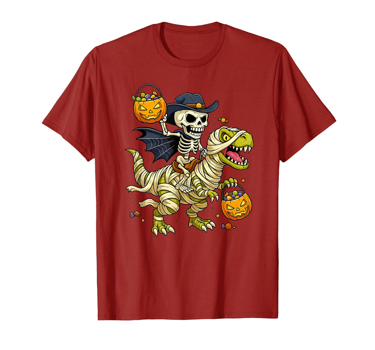 Skeleton Riding Mummy Dinosaur T Rex Kids Boys Halloween T-Shirt