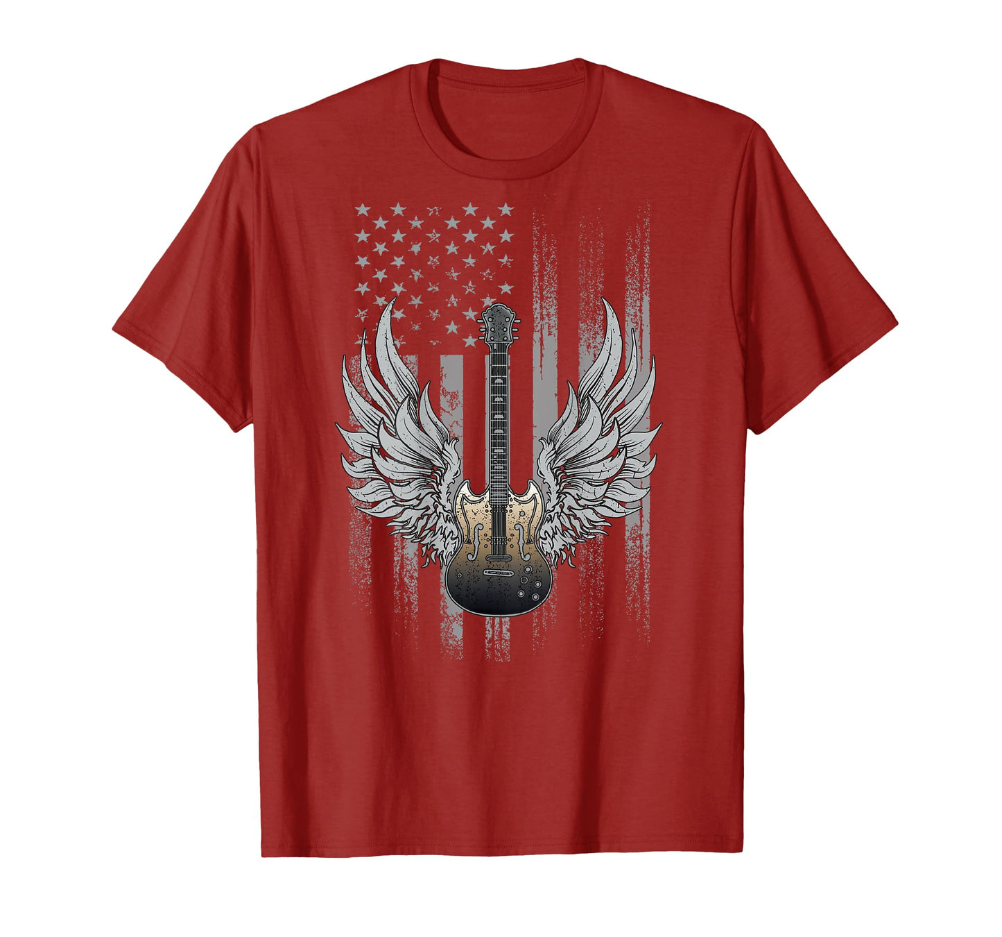 Dibble Dabble Designs Guitar On Back Patriotic Guitar Flag Band Tee Rock and Roll Guitar T-Shirt