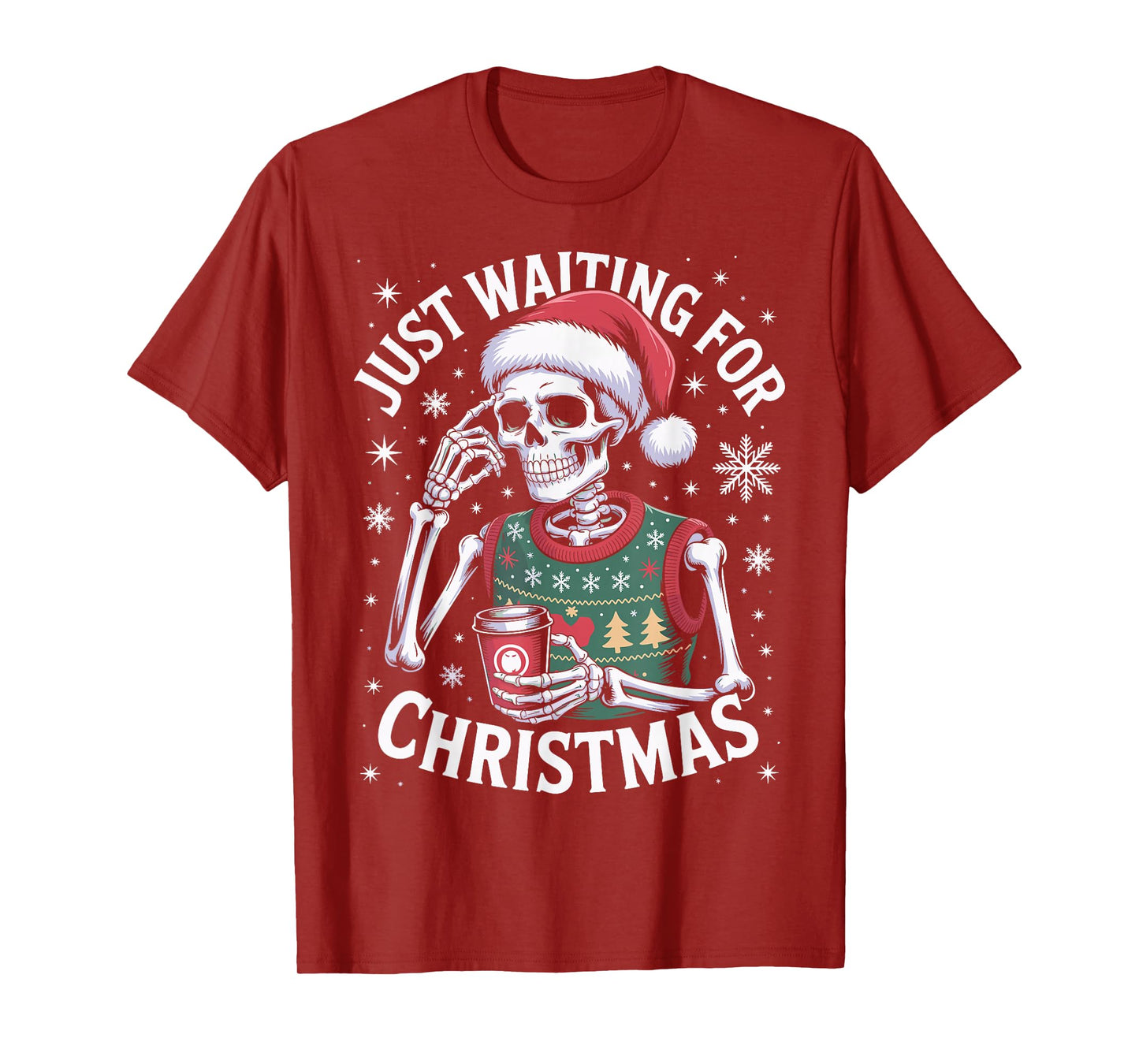 Just Waiting for Christmas Skeleton in Santa Hat Men Women T-Shirt