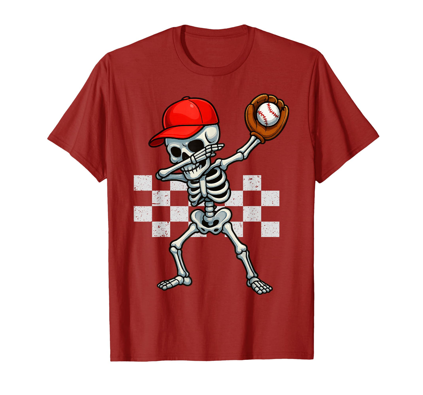 Baseball Skeleton Dabbing Checkered Sports Player T-Shirt