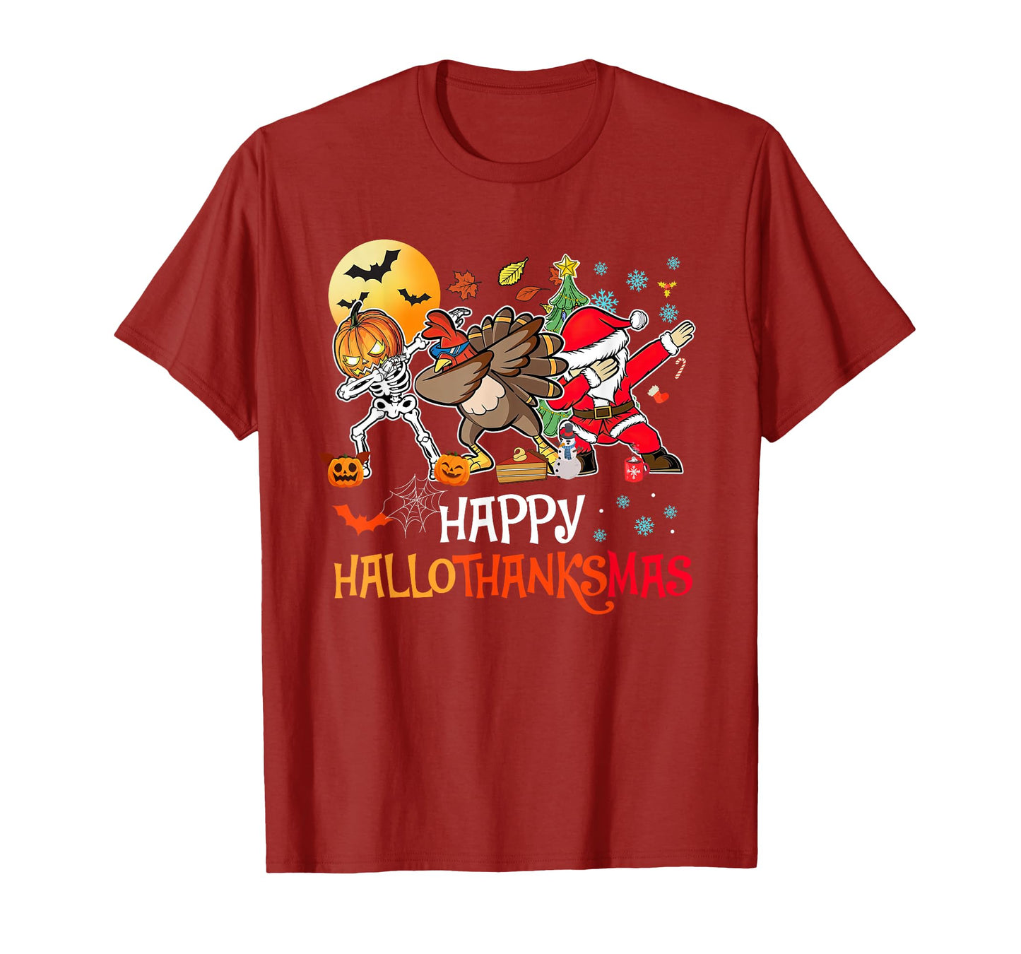 Happy Hallothanksmas Funny Dabbing Skeleton Turkey Santa T-Shirt