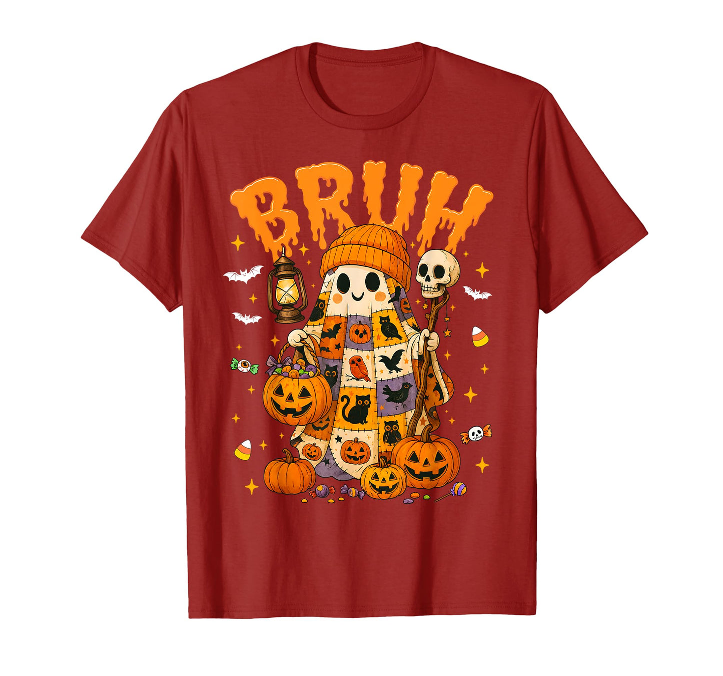 Patchwork Ghost Trick Or Treat Bruh Halloween Candy Kids T-Shirt