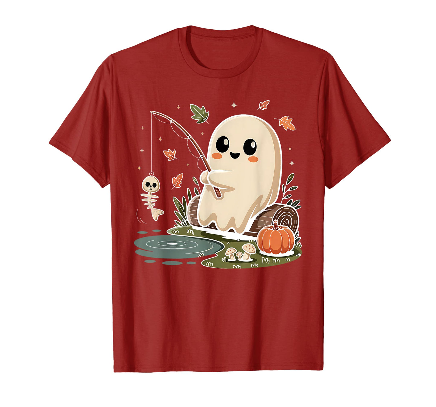 Boho Pumpkin Cute Ghost Fishing Skeleton Fish Spooky Season T-Shirt